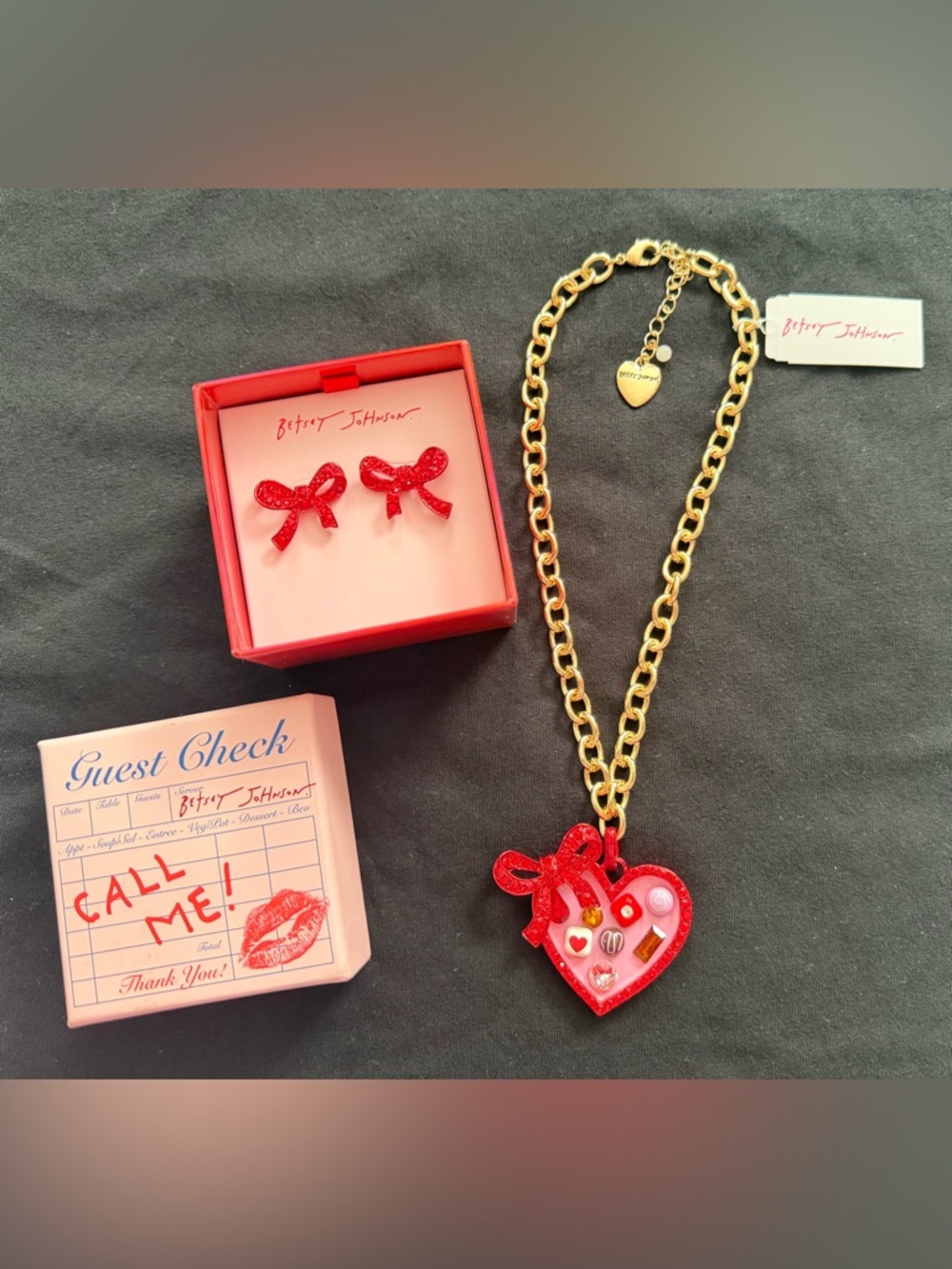 Betsey Johnson Heart Chocolate Box Pendant Necklace and Earrings Set